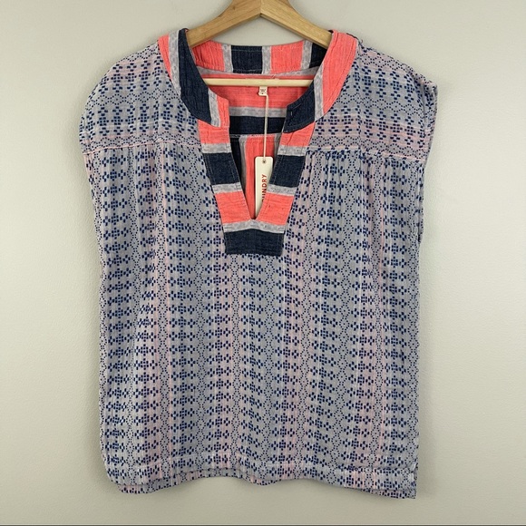 SUNDRY Coral Pink Blue Grey Colorblock Stitch Geo-Stripe Tunic Top NEW - Picture 2 of 11